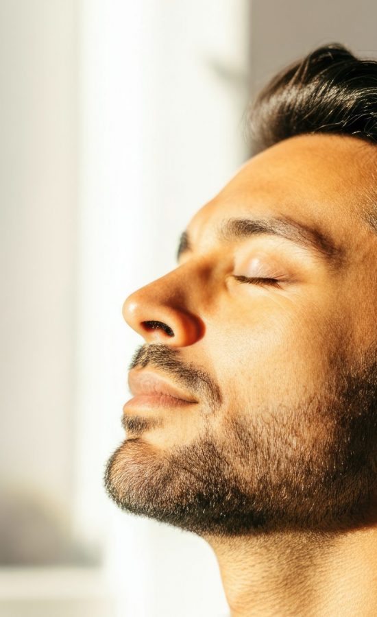 Young adult man peacefully basking in sunlight indoors Young adult man peacefully basking in sunlight indoors